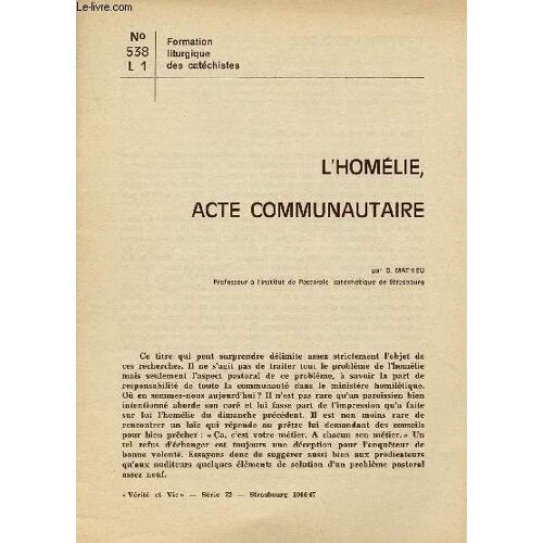 Verite Et Vie - Strasbourg : Serie 72 - N°538 L 1 : L Homelie, Acte Communautaire