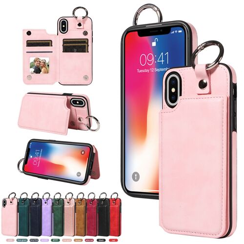 Coque Pour Iphone X Avec Fermoir Anneau,Etui En Cuir Pu Pochette Portefeuille Magnétique Etui De Protection,Antichoc Housse De Protection Pour Iphone X,Rose