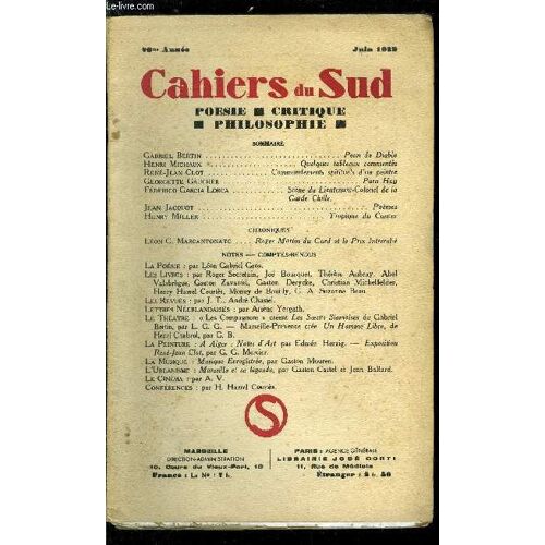Les Cahiers Du Sud N° 217 - Pean De Diable Par Gabriel Bertin, Quelques Tableaux Commentés Par Henri Michaux, Commandements Spirituels D Un Peintre Par René Jean Clot, Para Hoy Par Georgette Gaucher(...)