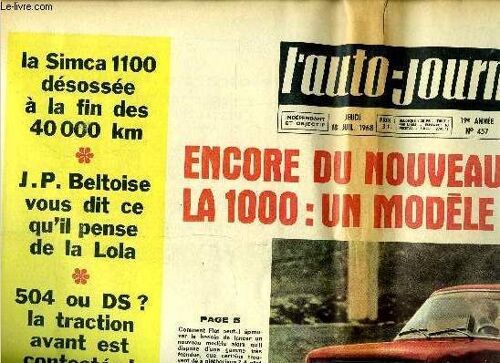 L Auto Journal N° 457 - Encore Du Nouveau Chez Fiat ! La 1000 : Un Modèle De Combat, Essais : Primula A Moteur 124 Et Alfa Romeo 1750 Gt-Veloce, La Simca 1100 Désossée A La Fin Des 40 000 Km, J.P.(...)