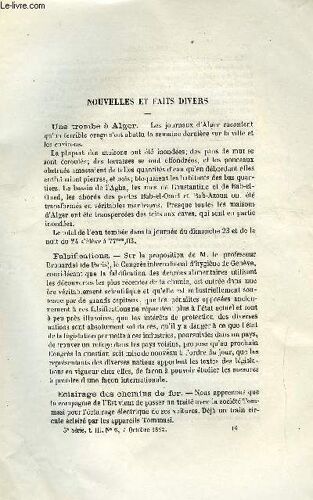 Cosmos - Les Mondes N° 6 - Une Trombe A Alger, Falsifications, Eclairage Des Chemins De Fer, La Musique Électrique Au Cirque D Été, Georges Leclanché, Les Vins Francais Menacés, L Industrie Huitière A(...)