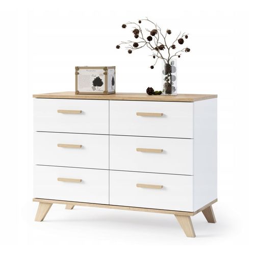 Bergen Buffet Scandinave 100 Cm Sur Pieds Bois Et Blanc 6 Tiroirs