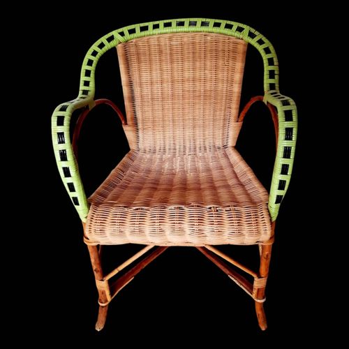 Fauteuil En Rotin Des Annes 50s 60s Liser Vert Pomme Noir Beige