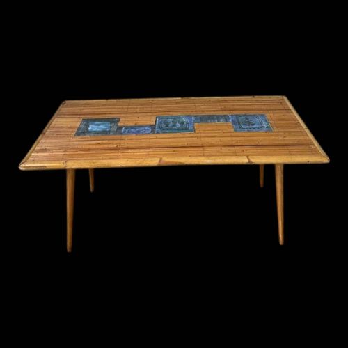 Table Basse Rotin Et Cramique Cloutier Annes 60 Bleu