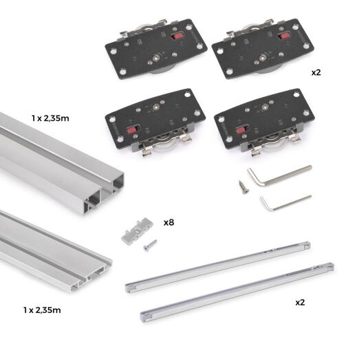 Emuca Kit de ferrures pour Flow2 2 portes coulissantes et armoire à fermeture souple avec rails de surface 2,35m, panneaux non inclus, Anodisé mat