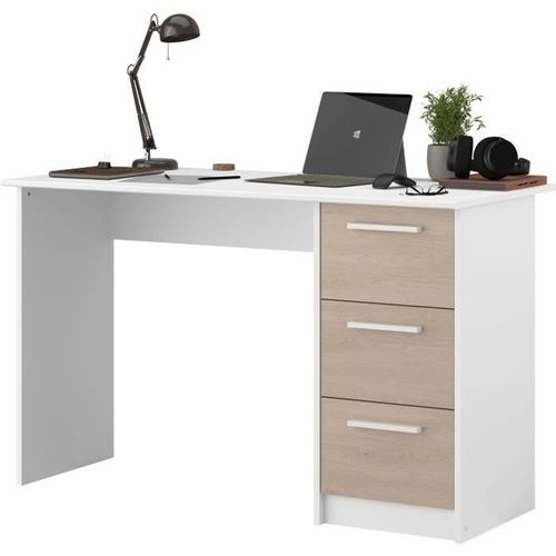 Bureau Droit Essentiel - 3 Tiroirs - Décor Chêne Et Blanc - L 121,2 X P 55 X H 74,5 Cm - Parisot