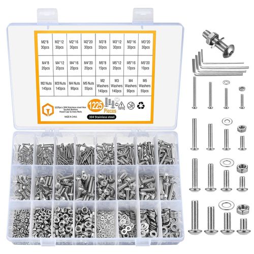 1225 Pièces M2 M3 M4 M5 Jeu De Vis Et Écrous,Vis À Tête Cylindrique À Six Pans Creux Et Boulons Et Écrous Et Rondelles,Vis Filetées À Tacier Inoxydable Argent Acier Carbone Et Écrous Et Rondelles