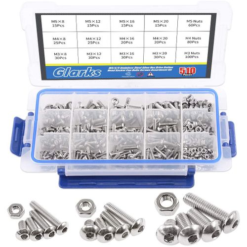 MEVRONISSHOP-510 pcs M3 M4 M5 en acier inoxydable 304 Allen hexagonale Drive Button Tête Socket Cap Boulons Vis Assortiment kit