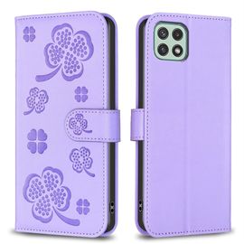Saturcase Coque Pour Samsung Galaxy A22 5g, Belle Trèfle Pu Cuir Magnétique Flip Portefeuille Support Porte-Carte Protecteur Housse Étui Pour Samsung Galaxy A22 5g (Xy-Violet)