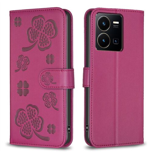 Saturcase Coque Pour Vivo Y35 Y22 Y22s, Belle Trèfle Pu Cuir Magnétique Flip Portefeuille Support Porte-Carte Protecteur Housse Étui Pour Vivo Y35 Y22 Y22s (Xy-Rouge)
