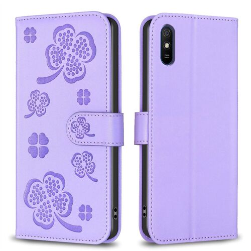 Saturcase Coque Pour Xiaomi Redmi 9a, Belle Trèfle Pu Cuir Magnétique Flip Portefeuille Support Porte-Carte Protecteur Housse Étui Pour Xiaomi Redmi 9a (Xy-Violet)