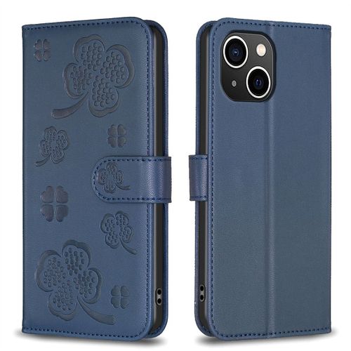 Saturcase Coque Pour Apple Iphone 15, Belle Trèfle Pu Cuir Magnétique Flip Portefeuille Support Porte-Carte Protecteur Housse Étui Pour Apple Iphone 15 (Xy-Bleu)