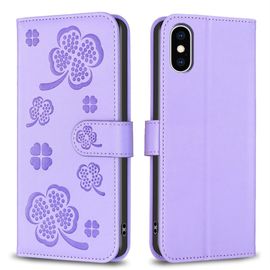 Saturcase Coque Pour Apple Iphone X / Xs, Belle Trèfle Pu Cuir Magnétique Flip Portefeuille Support Porte-Carte Protecteur Housse Étui Pour Apple Iphone X / Xs (Xy-Violet)