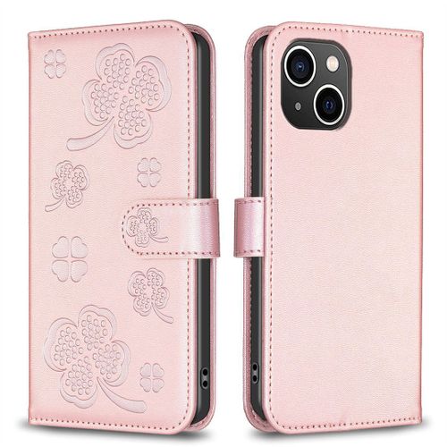 Saturcase Coque Pour Apple Iphone 14, Belle Trèfle Pu Cuir Magnétique Flip Portefeuille Support Porte-Carte Protecteur Housse Étui Pour Apple Iphone 14 (Xy-Pink)