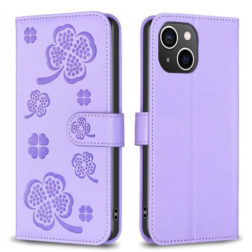 Saturcase Coque Pour Apple Iphone 14, Belle Trèfle Pu Cuir Magnétique Flip Portefeuille Support Porte-Carte Protecteur Housse Étui Pour Apple Iphone 14 (Xy-Violet)