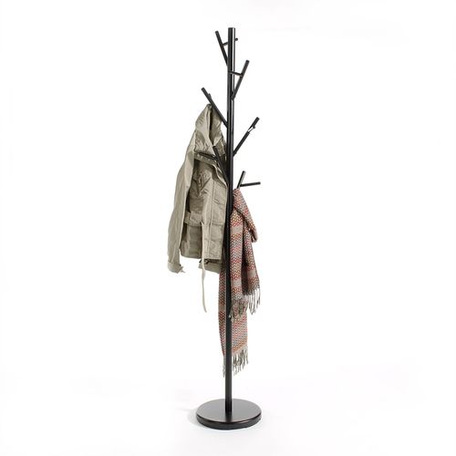 Porte-manteaux ZENO portant à vêtements sur pied en forme d'arbre avec 6 crochets sur différentes hauteurs, en métal laqué noir