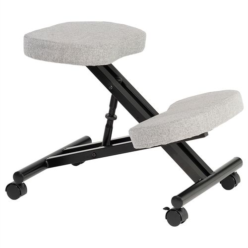 Tabouret Ergonomique Robert Siège Ajustable Repose Genoux Chaise De Bureau Sans Dossier, En Métal Noir Et Assise Rembourrée Gris