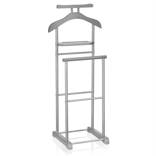 Valet De Chambre Medina Chevalet De Nuit Double Portant Pour Vêtements, En Mdf Gris Et Métal Laqué Argenté