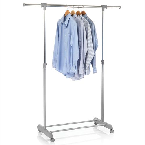 Portant À Vêtements Sala En Métal Chromé Et Gris, Penderie Simple Sur Roulettes Avec 1 Barre Extensible Hauteur Réglable