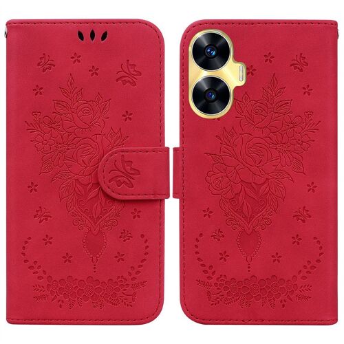 Saturcase Coque Pour Realme C55, Une Rose Pu Cuir Magnétique Flip Portefeuille Support Porte-Carte Dragonne Protecteur Housse Étui Pour Realme C55 (Rouge)