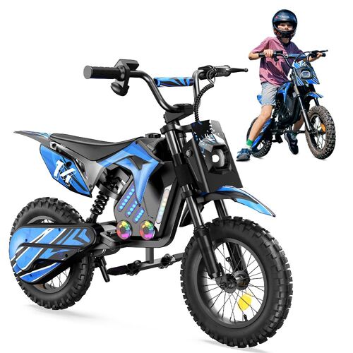 Moto Électrique Pour Enfants A14 Bleu, 500w, 3 Vitesses 8-27km/H, Pneus 14 Pouces Tout-Terrain, Autonomie 22 Km, Bluetooth, Amortisseurs