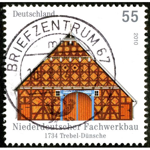 Timbre Oblitéré Deutschland, Niederdeutscher Fachwerkbau 1734 Trebel - Dünsche, 2010, 55