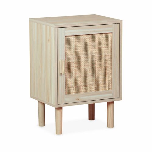 Table De Chevet En Cannage Et Décor Bois - Camargue - 40x30x58cm - 2 Niveaux - 1 Porte - Pieds