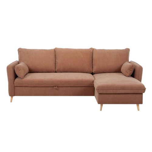 Canapé D'angle Convertible Réversible Avec Coffre 3-4 Places En Tissu Terracotta Et Bois Clair Driss