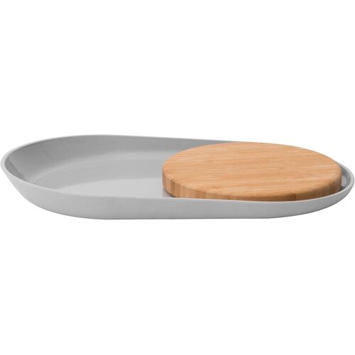 Leo En Fibre De Bambou Ovale Extérieur Plaque Avec Planche À Découper En Bambou, Gris, 2 Pièces