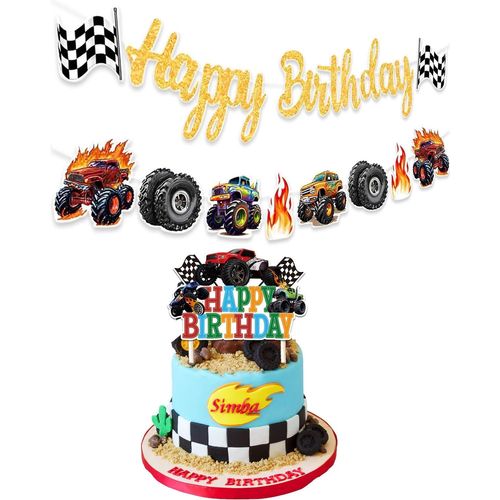 Bannière D'Anniversaire Monster Truck,Livré Avec Insert À Gâteau,Panneau D'Anniversaire Fire Cars Trucks Avec Guirlande Accessoires De Fête Sur Le Thème De La Voiture De Course