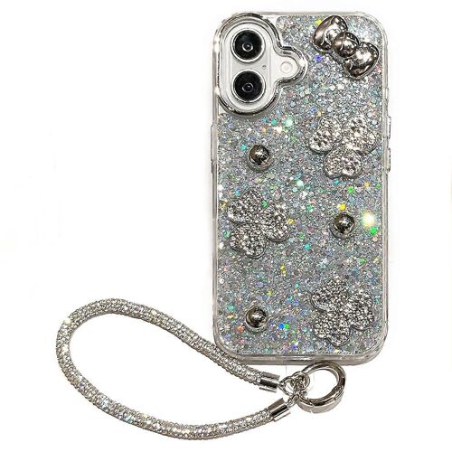 Pour Iphone 16 Case Bow Tie Silver Pearl Flower Glitter Epoxy Resin With Wrist Strap Protective Cover