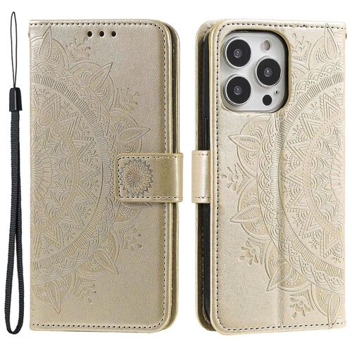 Pour iPhone 15 Pro Max Mandala Empreinte Téléphone Coque PU En Cuir Portefeuille Stand Folio Couverture avec Sangle