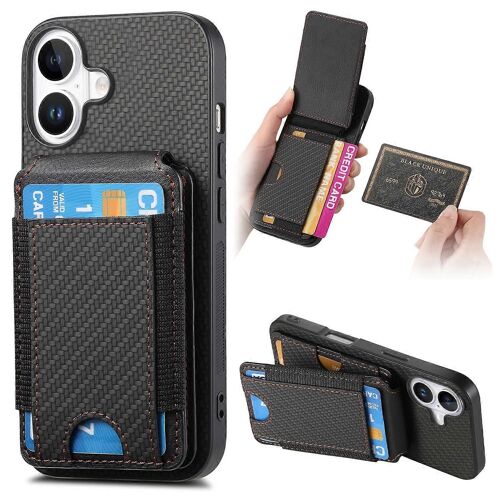C1-12 Pour iPhone 16 Plus Coque Porte-Carte Cuir + PC + TPU Béquille Housse de Téléphone - Noir