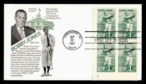 Usa 1981 Golf Fdc Avec Bloc De 4 Honneur À Bobby Jones Golfeur Immortel