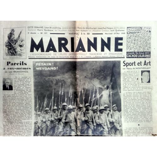 39-45 : Vieux Journal Pacifiste De Gauche "Marianne" Du 29 Mai 1940 (Ww2, Weygand, Brunschvicg, Montherlant...)