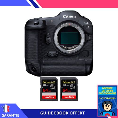 Canon EOS R3 + 2 SanDisk 64GB Extreme PRO UHS-II SDXC 300 MB/s + Ebook 'Devenez Un Super Photographe'