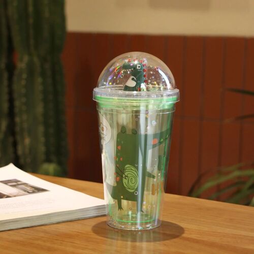 500ml - Vert Transparent - Bouteille D'eau Mignonne Kawaii Pour Enfants, Tasse À Eau De Dessin Animé De Dinosaure, Paille En Plastique À Double Couche, Verres D'été Portables Créatifs, Normalisé, 500ml