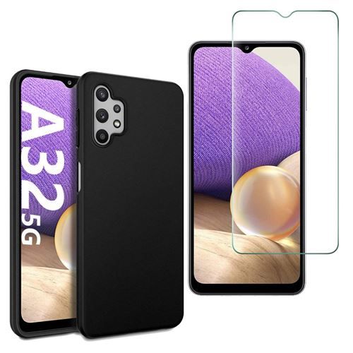 Coque Silicone NOIR Mat Pour Samsung Galaxy A32 5G + 2 Verre trempé Film Protection écran - Anti Rayures - Ultra Résistant Dureté 9H