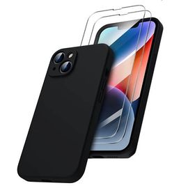 Coque Silicone Noir Mat Pour Iphone 14 6,1" + 2 Verre Trempé Film Protection Écran - Anti Rayures - Ultra Résistant Dureté 9h