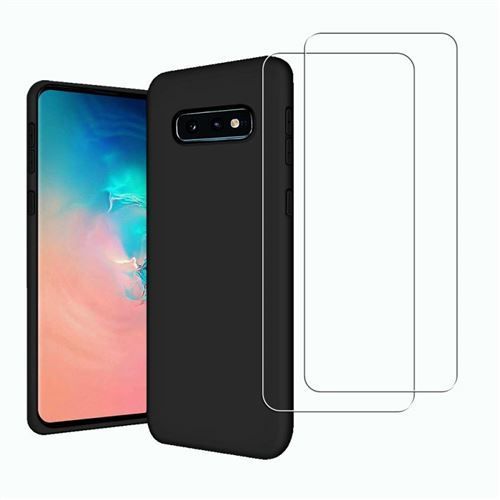 Coque Silicone NOIR Mat Pour Samsung Galaxy S10E + 2 Verre trempé Film Protection écran - Anti Rayures - Ultra Résistant Dureté 9H