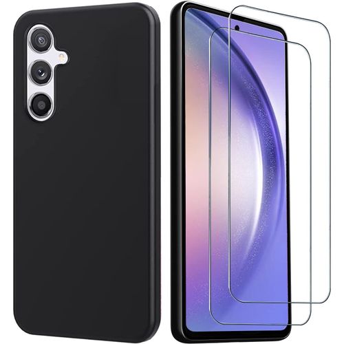 Coque Silicone NOIR Mat Pour Samsung Galaxy A54 5G + 2 Verre trempé Film Protection écran - Anti Rayures - Ultra Résistant Dureté 9H