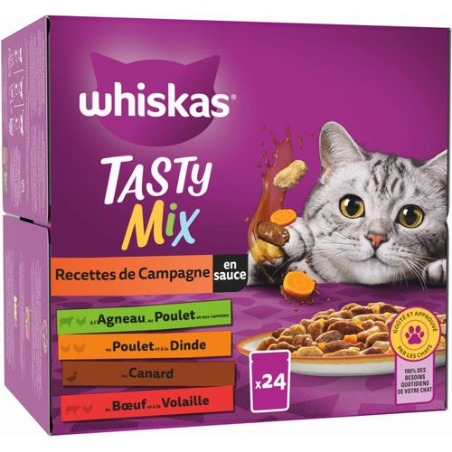 Nuem-Repas Pour Chat-48 Sachets Fraîcheur (Lot De 2 Packs 24x85g)-Tasty Mix Recettes De Campagne (4 Variétés)-Pâtée Pour Chat Adulte En Sauce¿Nourriture Humide Complète & Equilibrée