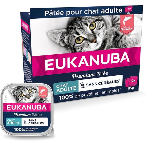 Nuem-Grain Free Pour Chat Adulte-Pâtée Premium Sans Cereales¿Sans Gluten¿Faible Teneur En Graisses-Riche En Saumon Et Enrichie En Taurine¿12 Barquettes Aluminium De 85 G