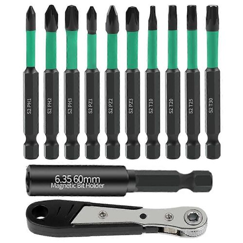 Lot de 12 forets électriques en acier allié S2 Phillips Pozidriv Torx avec clé à cliquet et porte-embout magnétique
