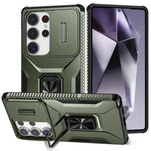 Pour Samsung Galaxy S25 Ultra Case Camshield Béquille TPU PC Housse de téléphone antidérapante - Vert