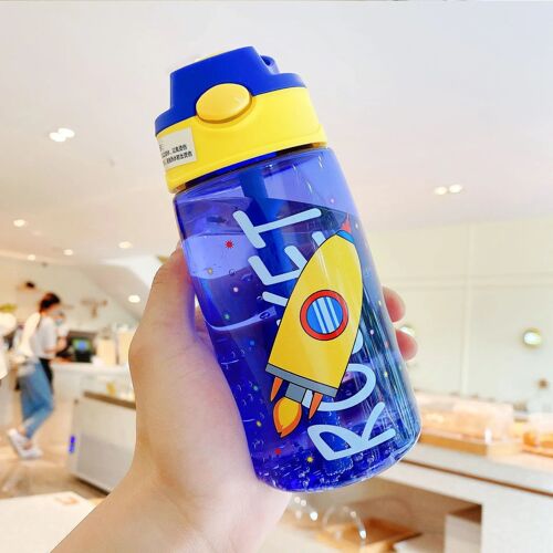 480ml - Dessin Animé Bleu - Bouteille D'eau En Plastique Avec Paille Pour Enfants, Bouteille D'eau De Dessin Animé Portable, Tasse D'eau Pour Bébé, Bouilloire Extérieure Pour Étudiants, D'extraction Hydro