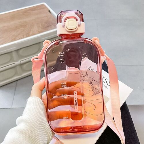 Marque Rose 750 Ml De Temps - Bouteille D'eau Plate Transparente Sans Bpa Pour Fille Et Enfant Gourde De 750ml, Gourde De Dehors, De Voyage, Carrée, À Cliquetis