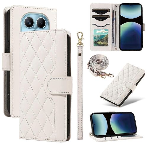 Pour Xiaomi Redmi Note 14 Pro 4g Wallet Case Rhombus Leather Phone Cover With Strap - White