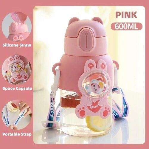 600ml - Rose - Bouteille D'eau Anti-Fuite Avec Paille Pour Fille, 600ml, Style Kawaii, Dessin Animé, Pour Enfant, Été