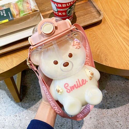 1400ml - Blanc - Bouteille D'eau Little Bear Pour Filles, Grande Capacité, Jolie Paille, Bouilloire, Sangle, Tasse En Plastique Portable, Cadeau Créatif